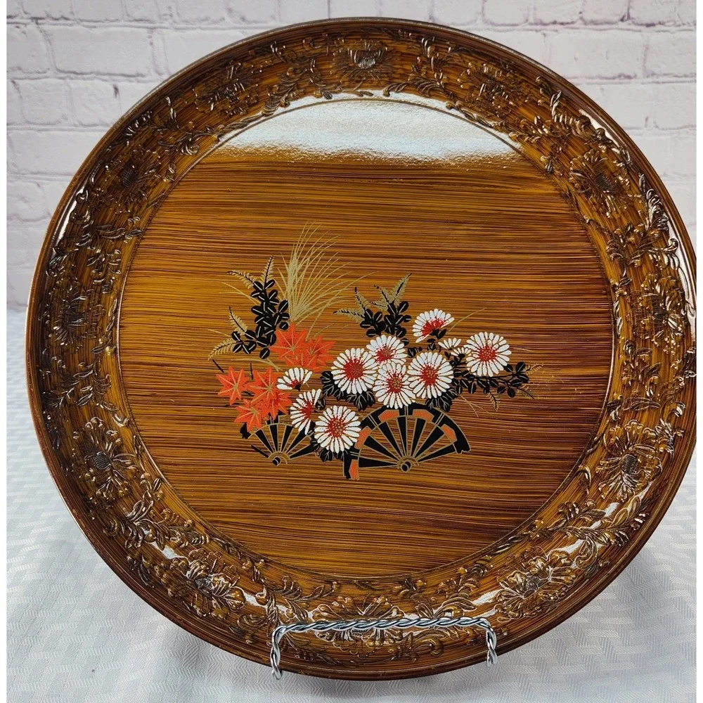 Vtg Japanese Floral Fan Round Plastic Wood Grain Lacquerware Serving Tray 13